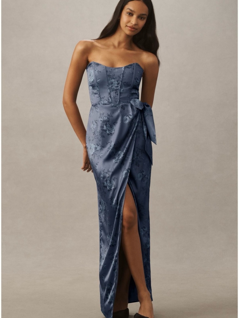 V. Chapman Slate Blue Strapless Floral Satin Gown